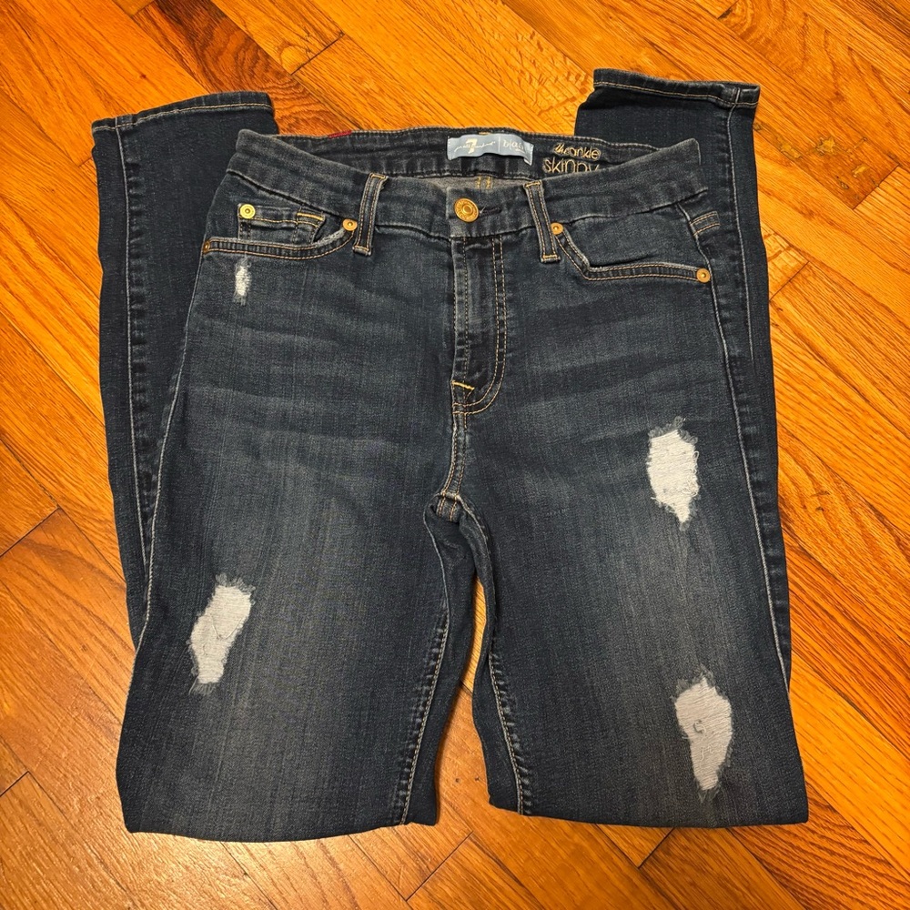 7 For All Mankind Dark Blue Distressed Skinny Jeans